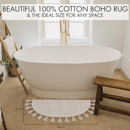 Beautiful Boho Rug with Tassels - Soft Half Circle Cotton Bathroom Mat