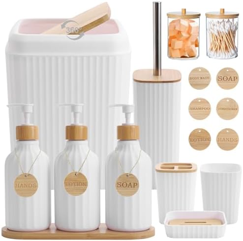 Bathroom Accessories Set White Bathroom Set with Trash Can,3PCS Lotion Soap Dispenser, Toothbrush Holder, Soap Dish,Tumbler Cup,6pcs Wood Tags White Bath Accessories with Tray for Bathroom Decor