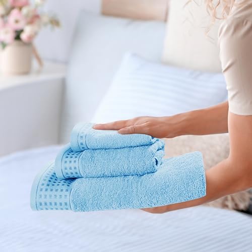 GLAMBURG Ultra Soft 3 Pack Cotton Towel Set, Contains a Bath Towel 28x55 inch, a Hand Towel 16x24 inch & a Wash Coth 12x12 inch, Ideal Everyday use, Compact & Lightweight - Sky Blue