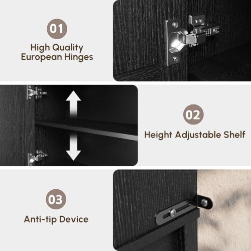 HMstone Over The Toilet Storage Cabinet, Arched Bathroom Organizer and Storage with Doors and Adjustable Shelf, Space-Saving Freestanding Bathroom Modern Storage Cabinet Over Toilet (Black)