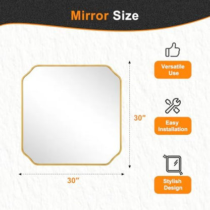 Delma Bathroom Vanity Mirror, Black Framed Aluminum Bathroom Mirror for Over Sink, Scalloped Round Corner Wall Mirror, High-Definition Vanity Mirror, Hangs Horizontally or Vertically (30x30,Gold)
