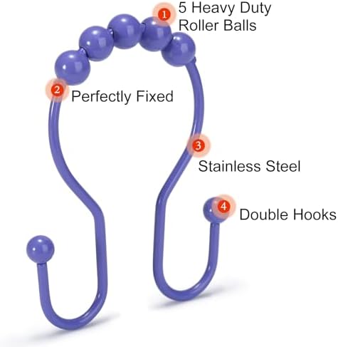 Goowin Shower Curtain Hooks, 12 Pcs Shower Curtain Rings, Stainless Steel Shower Curtain Hangers, Double Hook Shower Curtain Hooks, Smooth Sliding Anti-Drop Shower Rings for Curtain (Purple)