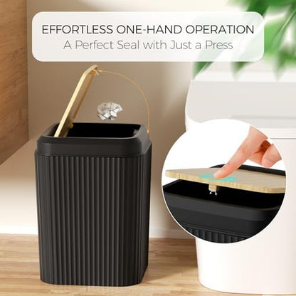 Black Bathroom Accessories Set with Shower Curtain and Rugs, 24-Piece Complete Bath Set with Trash Can, Soap Dispenser, Toilet Brush, and Qtip Holders, Famhouse Bamboo Modern Decor