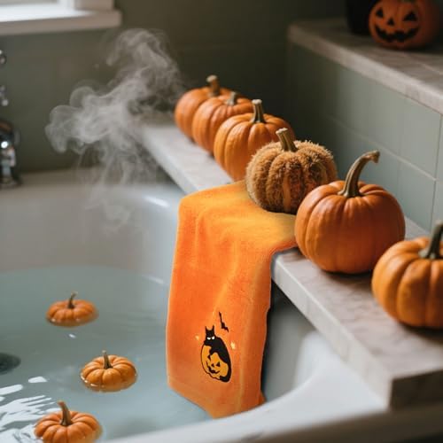 JarThenaAMCS 3Pcs Halloween Hand Towels Black Cat Pumpkin Cotton Embroidered Bathroom Towel Orange Absorbent Bath Towel for Hand Drying Cleaning Cooking Kitchen Decor, 29.5 x 13.7 Inch