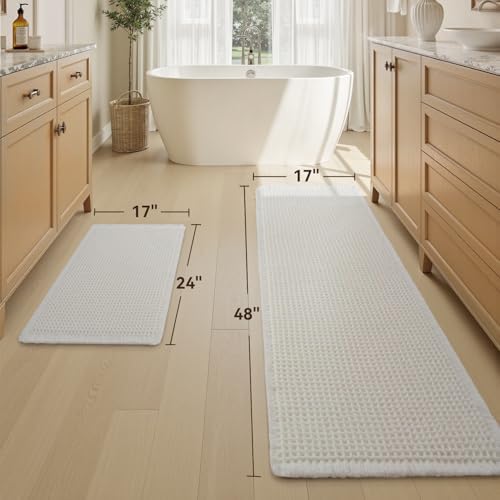 Upgraded Waffle Bath Mat Set of 2 Absorbent Bathroom Mat 17"x24" + 17"x48"