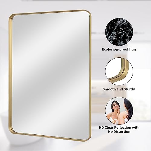 VooBang Bathroom Mirror 24x36 inch, Gold Gorgeous Deep Frame Wall Mirror, Modern Round Corner Bathroom Vanity Mirror for Bedroom, Living Room, Hanging or Leaning Horizontal or Vertical, Gold