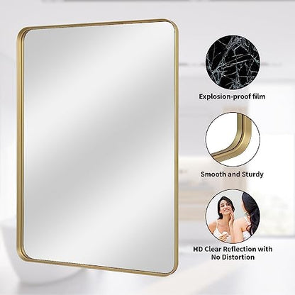 VooBang Bathroom Mirror 30x40 inch, Gold Gorgeous Deep Frame Wall Mirror, Modern Round Corner Bathroom Vanity Mirror for Bedroom, Living Room, Hanging or Leaning Horizontal or Vertical, Gold