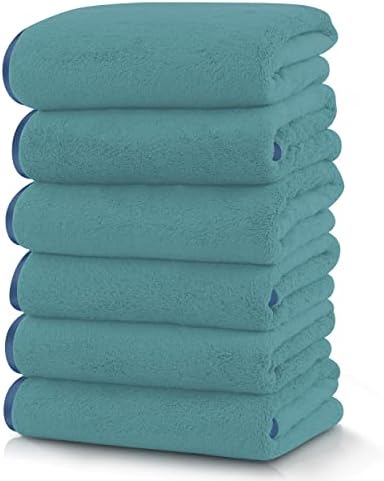 TENSTARS Silk Hemming Hand Towels for Bathroom - Quick Drying - Ultra Soft Microfiber Absorbent Towel for Bath Fitness, Gym, Shower, Hotel, and Spa - 16x28 Inch | Set of 6, Teal
