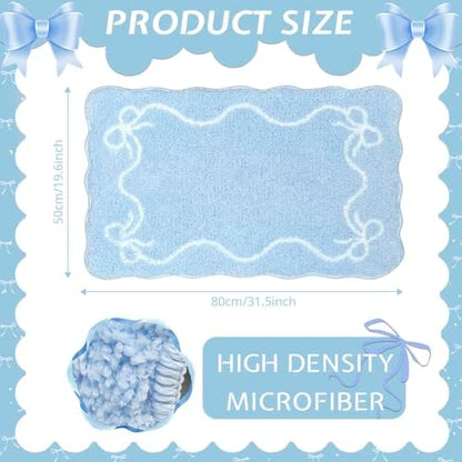 Mocsicka Blue Bow Bath Mat Cute Bow Bathroom Rug Super Soft Absorbent Bathroom Rugs Non Slip Bath Mat Machine Washable Rug for Bathrooms 20x32 inches (Blue, 50x80cm)
