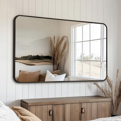 Antok 50x30 Black Metal Framed Bathroom Mirror, Wall Mirror with Round Corners, Vanity Mirror for Over Sink, Anti-Rust Tempered Glass, Horizontal/Vertical Hanging for Bathroom, Living Room, Entryway