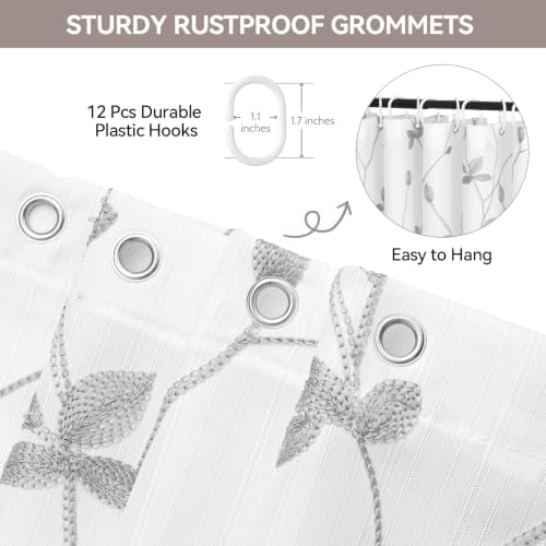 Embroidered Leaf Farmhouse Shower Curtain,Faux Linen,72Wx72L,White Grey