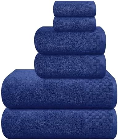 MyOwn Premium Cotton 6 Pack Towel Set for Bathroom, Contains 2 Bath Towels 28x55 inch, 2 Hand Towels 16x24 inch & 2 Wash Coths 12x12 inch, Ideal Everyday use, Compact & Lightweight - Navy Blue