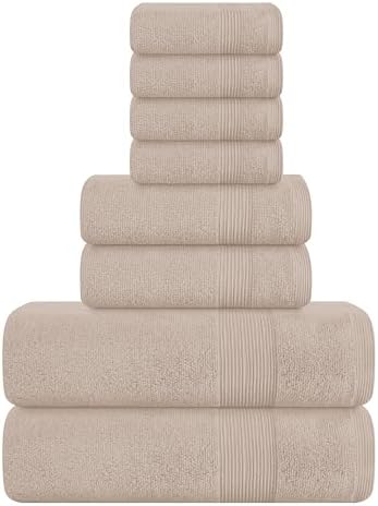 Belizzi Home 8 Piece Towel Set 100% Ring Spun Cotton, 2 Bath Towels 27x54, 2 Hand Towels 16x28 and 4 Washcloths 13x13 - Ultra Soft Highly Absorbent Machine Washable Hotel Spa Quality - Tan