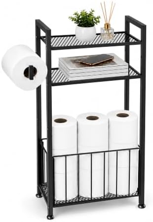 Black Free Standing Toilet Paper Holder Stand with Shelf and Roll Storage