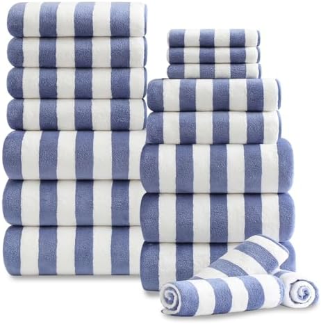18 Pcs Blue Purple Stripe Bath Towel Set with Hanging Loop-6 Bath Towels,6 Hand Towels,6 Washcloths Soft Family Towels Set Bathroom Towel Highly Absorbent Quick Dry Shower Towel for Beach Chair Hotel