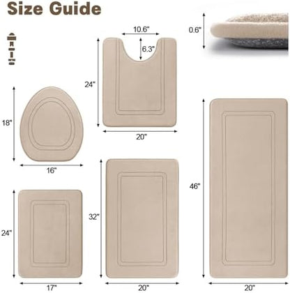 YIHOUSE Beige Memory Foam Bathroom Rug Set 5 Piece, Absorbent Bath Mat Sets, Non Slip Bath Mats for Bathroom Floor, Washable & Dry Quickly Bath Rug Set, Beige Rug Set5 Pieces