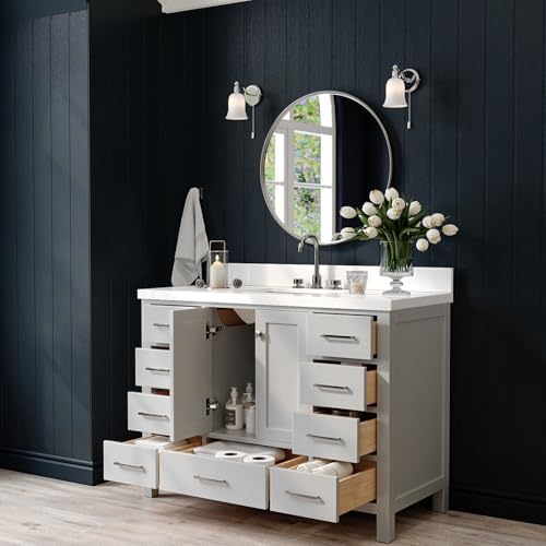 ARIEL Cambridge 48-inch Bathroom Vanity with Sink,Solid Wood, 1.5-inch Pure White Quartz Countertop & Backsplash, Single Rectangular Porcelain Sink, 2 Soft Closing Doors, 9 Dovetail Drawers, Grey