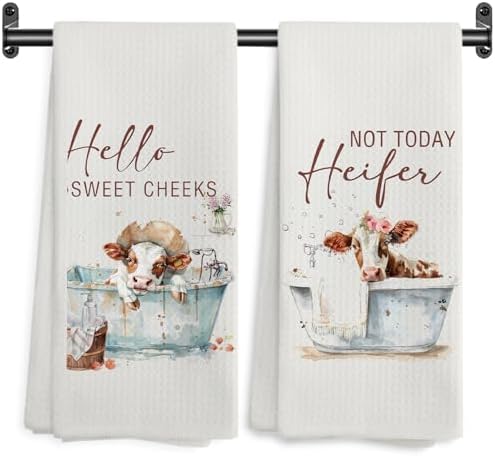 Hello Sweet Cheeks Cow Bathroom Hand Towels, Funny Farmhouse Animal Heifer Bathing Decorative Hand Towels for Bathroom Washroom Toilet Restroom, 16x24 Inch Set of 2