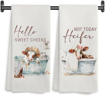 Hello Sweet Cheeks Cow Bathroom Hand Towels, Funny Farmhouse Animal Heifer Bathing Decorative Hand Towels for Bathroom Washroom Toilet Restroom, 16x24 Inch Set of 2