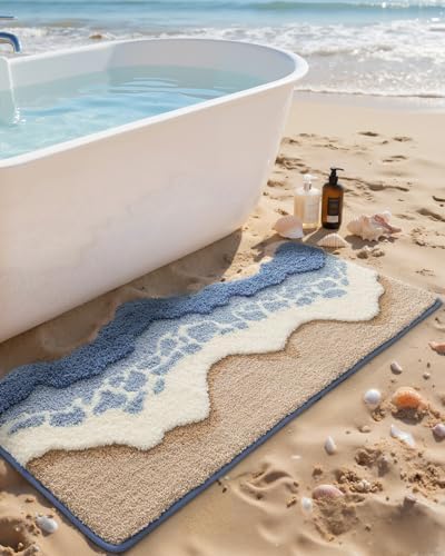 DEXI Cute Bath Mat, Sea Ocean Wave Bathroom Rugs, 43x26 Blue