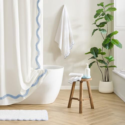 Peri Home 2 Piece Cotton Bath Towel Set, Embroidered, White, Blue Scallop