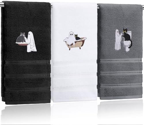 FuWeave 3 Pcs Black White Halloween Ghost Hand Towels for Bathroom