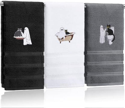 FuWeave 3 Pcs Black White Halloween Ghost Hand Towels for Bathroom