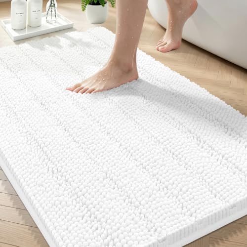 Bcoimo Bath Rug Mat,36x24 Chenille Non Slip White Bathroom Floor Shower Mat