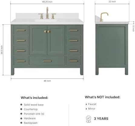 ARIEL Cambridge 48-inch Bathroom Vanity with Sink,Solid Wood, 1.5-inch Carrara White Quartz Countertop, Single Rectangular Porcelain Sink, 2 Soft Closing Doors, 9 Dovetail Drawers, Vintage Green