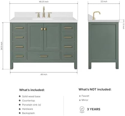 ARIEL Cambridge 48-inch Bathroom Vanity with Sink,Solid Wood, 1.5-inch Carrara White Quartz Countertop, Single Rectangular Porcelain Sink, 2 Soft Closing Doors, 9 Dovetail Drawers, Vintage Green
