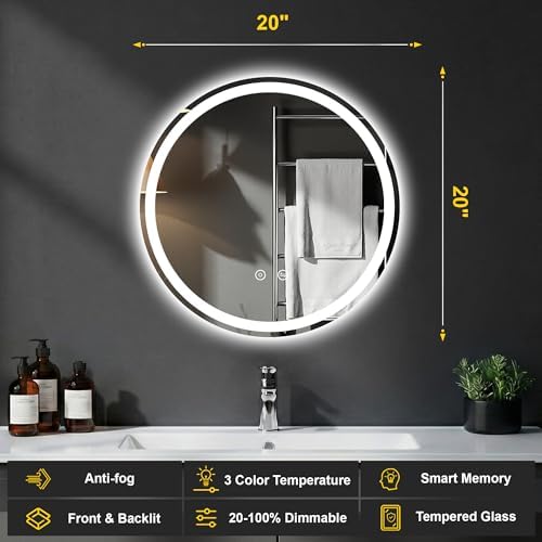 Round LED Bathroom Mirror with Lights, 20 Inch Circle Lighted Vanity Mirror
