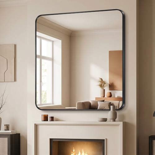 BEAUTYPEAK 39" x 39" Rectangular Wall Mounted Bathroom Mirror, Black
