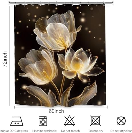Lotus Tulip Black Gold Shower Curtain 60Wx72L Inch Flower Botanical Blossom Plant Beautiful Bathroom Set Accessories Decor with 12 Pack Hooks