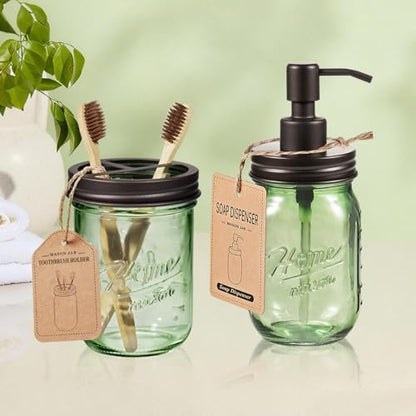 Amolliar Mason Jar Bathroom Accessories Set, 4 Pcs Green Glass Bathroom Set