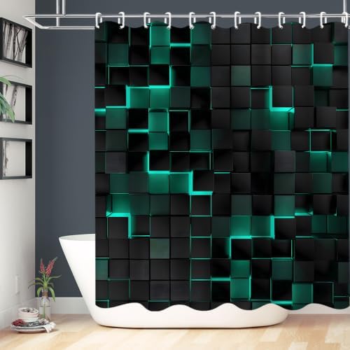 LQCOOL 4Pcs Green Shower Curtain Set 3D Cubes Bathroom Sets Modern Shower Curtain Set for Bathroom Sets with Rugs Black and Green Shower Curtain with 12 Hooks