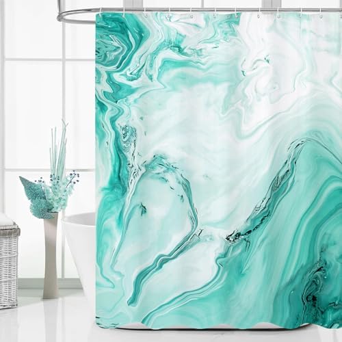 Teal Blue Marble Fabric Shower Curtain, Abstract Watercolor, 72 x 72