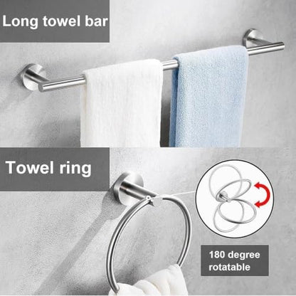 5 Pieces Brushed Nickel Bathroom Hardware Accessories Set, SUS304 Stainless Steel 24 Inch Bath Towel Bar Set, Round Bathroom Towel Holder Set, Towel Racks for Bathroom Wall Mounted