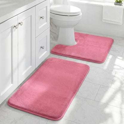 HUXMEYSON Bathroom Rugs Sets 2 Piece, Non-Slip & Quick Dry Bath Mat Set, Ultra Soft Velvet Bath Rugs for Bathroom, Toilet and Shower Floor, Pink
