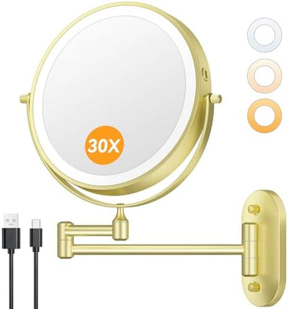 Auxmir 1X/30X Wall Mounted Makeup Mirror, 8" Rechargeable Magnifying Mirror