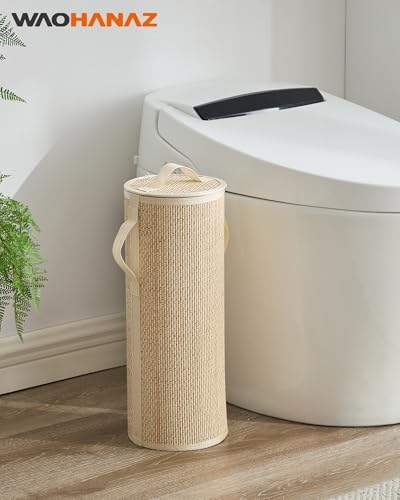 Bamboo Toilet Paper Storage Basket with Lid & Handle - 10L Handwoven Bathroom Organizer for 4 Rolls - Sturdy Stand Holder for Toilet Paper Organization, Light Natural