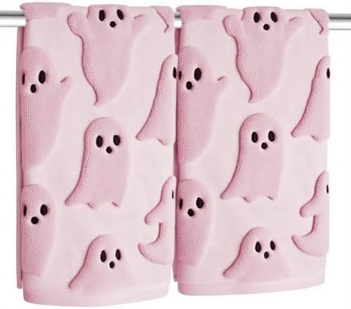 2 Pack Halloween Hand Towels 100% Cotton Jacquard Ghost Halloween Kitchen Towels White Bathroom Towels Set Seasonal Bathroom Decor (Pink Ghost, Halloween)