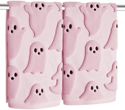 2 Pack Halloween Hand Towels 100% Cotton Jacquard Ghost Halloween Kitchen Towels White Bathroom Towels Set Seasonal Bathroom Decor (Pink Ghost, Halloween)