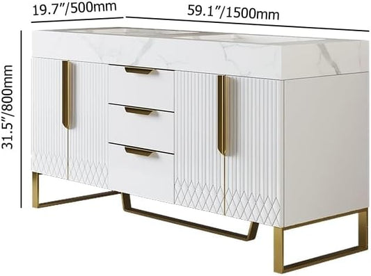 KunMai 59" White Freestanding Bathroom Vanity with Faux Marble Top, Double Ceramic Vessel Sinks, Floor-Standing Design, 3 Drawers for Storage, Modern Bathroom Cabinet with Gold Hardware Finish