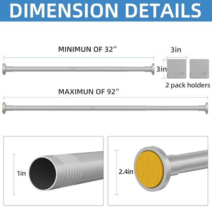 CorkLatta Matte Silver Shower Curtain Rod,1 Inch Diameter Stainless Steel Adjustable Spring Tension Rods 32 to 92",with Holders,Anti-Slip,Curtain Rods No Drilling(1 Pack)