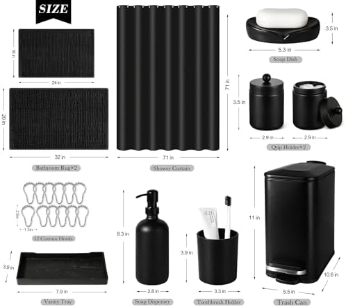Bathroom Sets with Shower Curtain and Rugs, 22 Pcs Black Bathroom Accessories with Trash Can, Waterproof Shower Curtain, Bathroom Rugs Super Absorbent, Modern Bathroom Sets Complete Decor