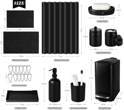 Bathroom Sets with Shower Curtain and Rugs, 22 Pcs Black Bathroom Accessories with Trash Can, Waterproof Shower Curtain, Bathroom Rugs Super Absorbent, Modern Bathroom Sets Complete Decor