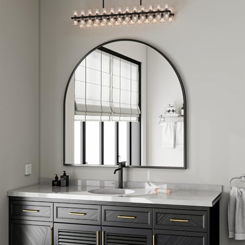 VooBang Wide Arched Wall Mirror, 38 x 40 inch Arch Bathroom Mirror Black