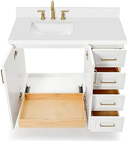 ARIEL Taylor 42-inch Bathroom Vanity with Sink,Solid Wood, 1.5-inch Pure White Quartz Countertop & Backsplash, Single Rectangular Porcelain Sink, 2 Soft Closing Doors, 5 Dovetail Drawers, White