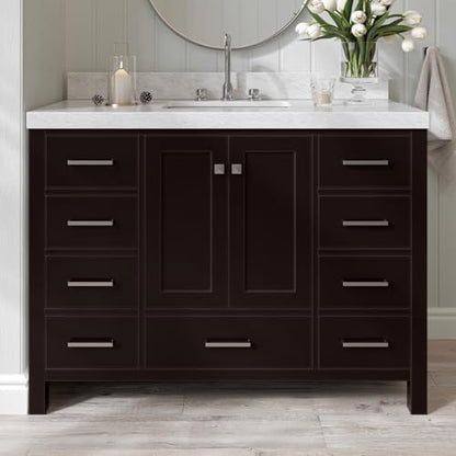 ARIEL Cambridge 48-inch Bathroom Vanity with Sink,Solid Wood, 2-inch Italian Carrara Marble Countertop, Single Rectangular Porcelain Sink, 2 Soft Closing Doors, 9 Dovetail Drawers, Espresso