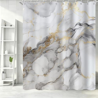 Grey Marble Shower Curtain Modern Abstract Luxury Gold Ink Texture Gray Ombre Watercolor Bathroom Curtain Set with Hooks Soft and Lightweight Waterproof Fabric Machine Washable 72" Wx84 L